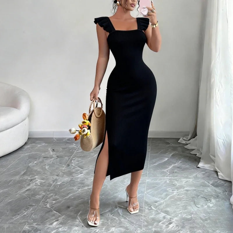 Ribbed Knit Bodycon Maxi Dress Square Neck Ruffle Straps — Black | KIMLUD