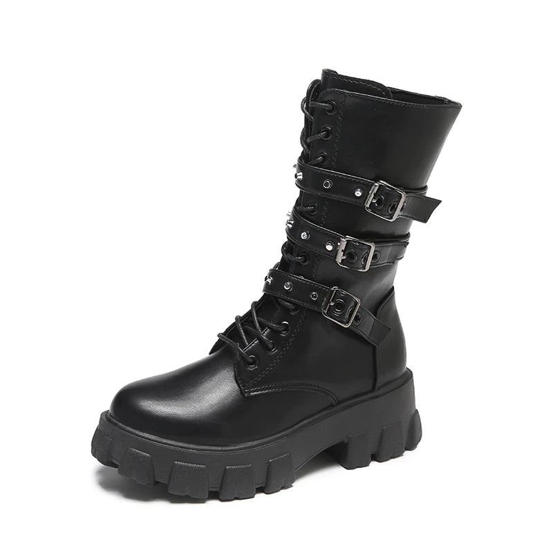 WOMEN ANKLE BOOTS Goth Boots Woman Winter 2022 Platform Shoes Sneakers Studded Belt Buckle Punk Army Chunky Heels Mid Calf Boots - KIMLUD