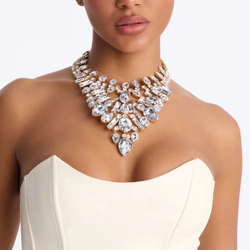 Crystal Bib Necklace Clear Rhinestone Teardrop Statement Choker Adjustable Bridal Jewelry for Women Wedding Prom Evening Party