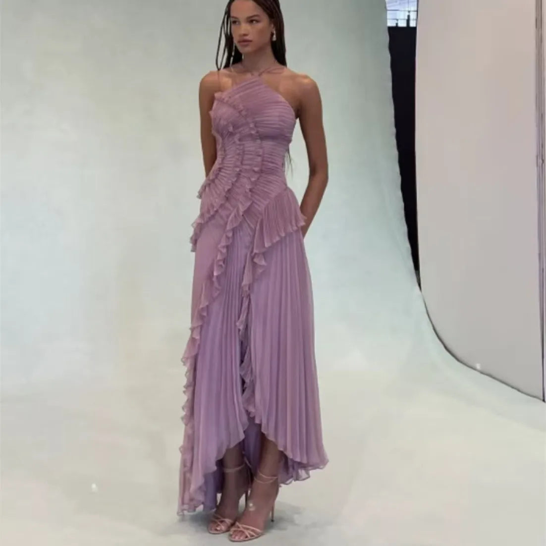 Ruffle Pleated Halter Maxi Dress With Irregular Tiered Pleats — Lavender | KIMLUD