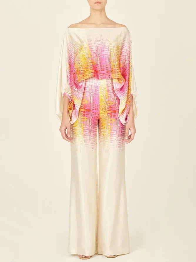 Satin Print Pajama Set Off-Shoulder Slash-Neck Top Long Pants — White | KIMLUD