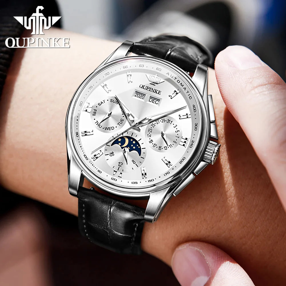 Leather Strap Automatic Watch Moon Phase Chronograph — Silver | KIMLUD