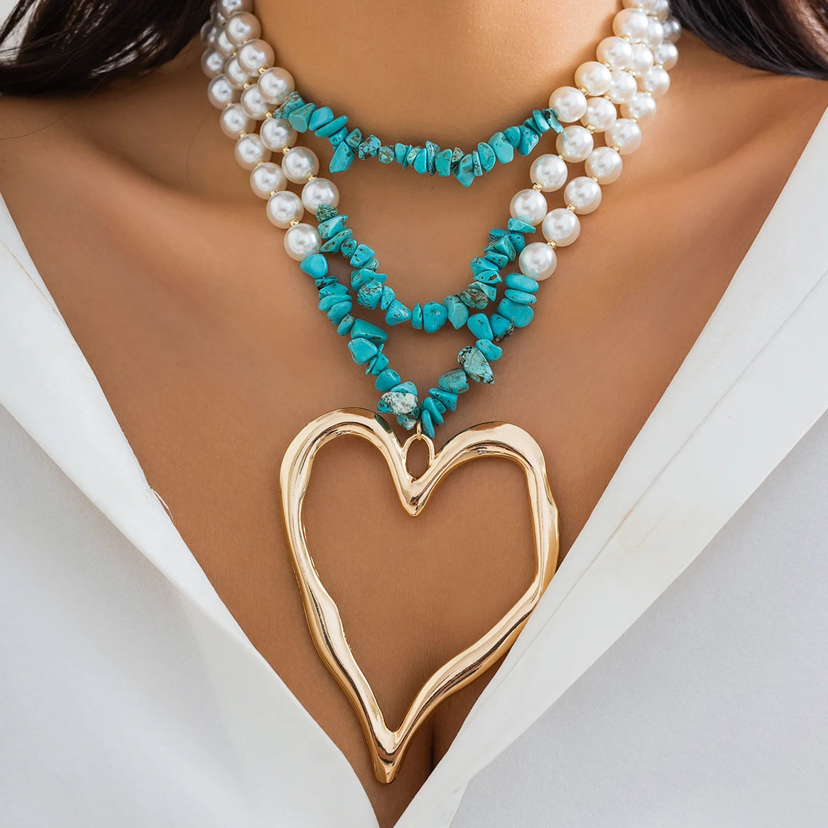 Punk Metal Big Heart Shaped Pendant Necklace Vintage Geometric Green Stone Imitation Pearl Chain Short Necklace Women's Jewelry