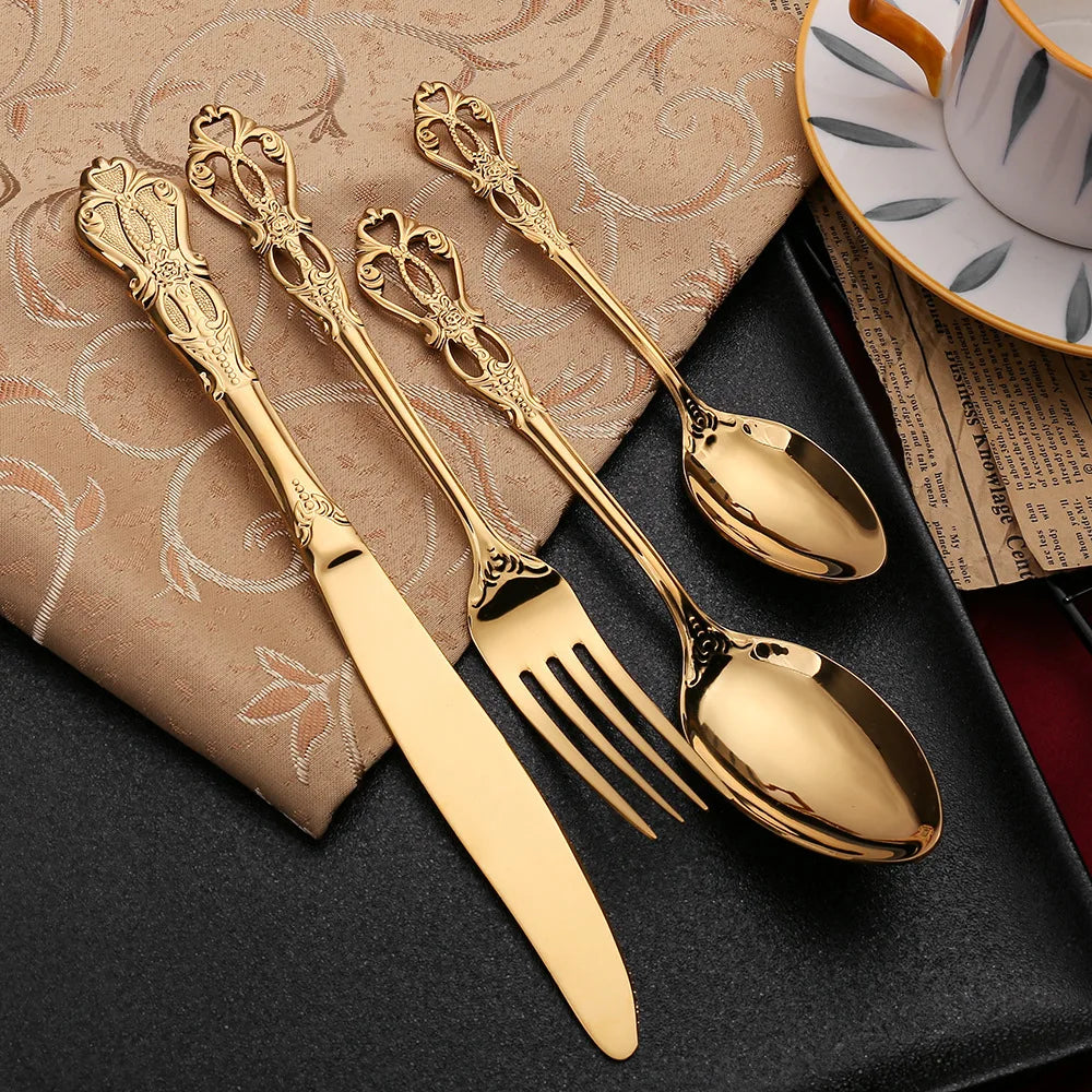 Gold-Plated Stainless Steel Cutlery Set Royal European Spoon Fork Collection — Golden | KIMLUD
