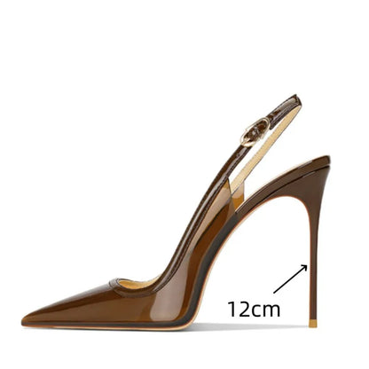 Patent Leather Stone Pattern Slingback Stiletto Heels — Brown | KIMLUD