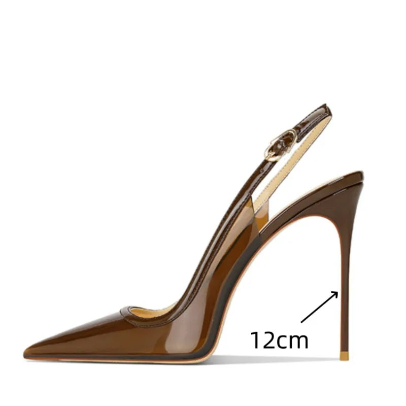 Patent Leather Stone Pattern Slingback Stiletto Heels — Brown | KIMLUD
