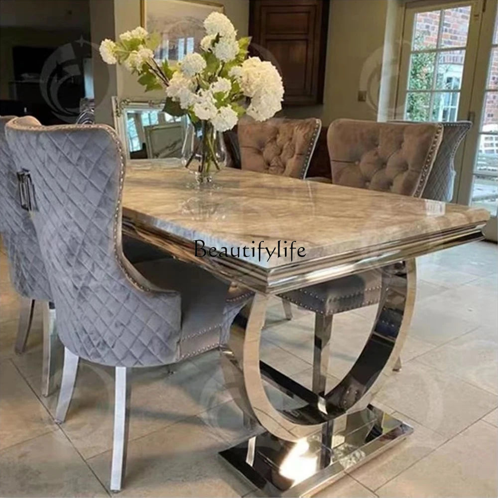Marble Top Dining Table Set Rectangular Modern Design With Stainless Steel Frame And Four Chairs — Silver | KIMLUD