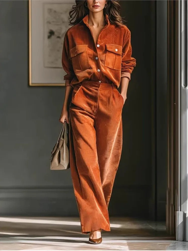 Simple Solid Color Casual Two-piece Set Women's Spring Retro Fashion Corduroy Long-sleeved Shirt Wide-leg Pants Commuting Sets