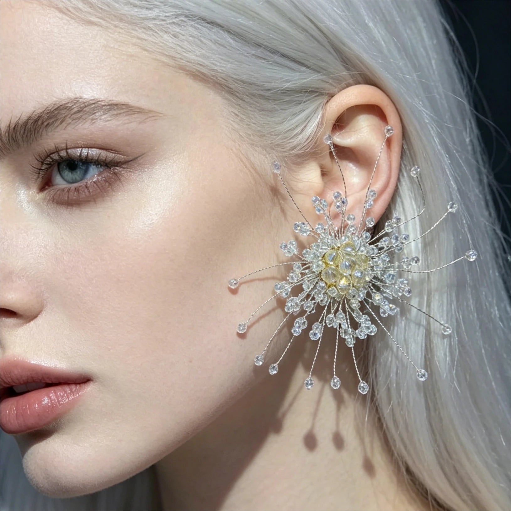 Snowflake Stud Earrings Crystal Beaded — Crystal | KIMLUD