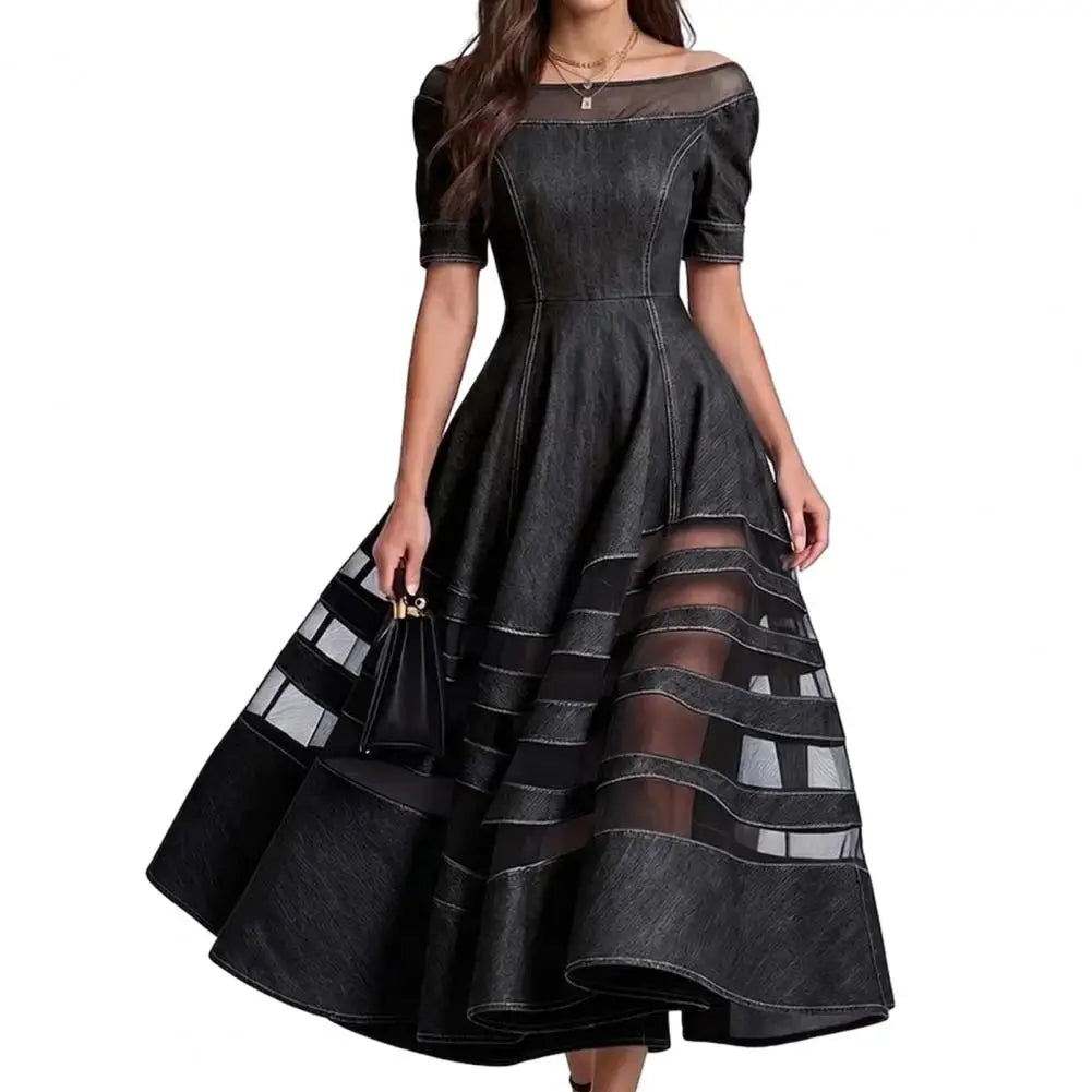 Polyester Patchwork Mesh Off Shoulder Dress — Blue | KIMLUD