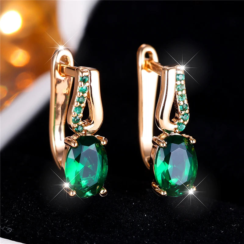 Zircon Stone Oval Hoop Earrings Small Ear Buckle — Green | KIMLUD