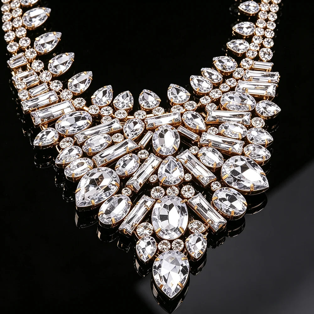Crystal Bib Necklace Clear Rhinestone Teardrop Cluster Statement Collar Adjustable Jewelry for Women Bridal Wedding Prom Party