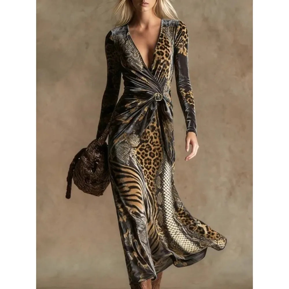 Leopard Print Maxi Dress – Twist Front – Polyester – Leopard | KIMLUD