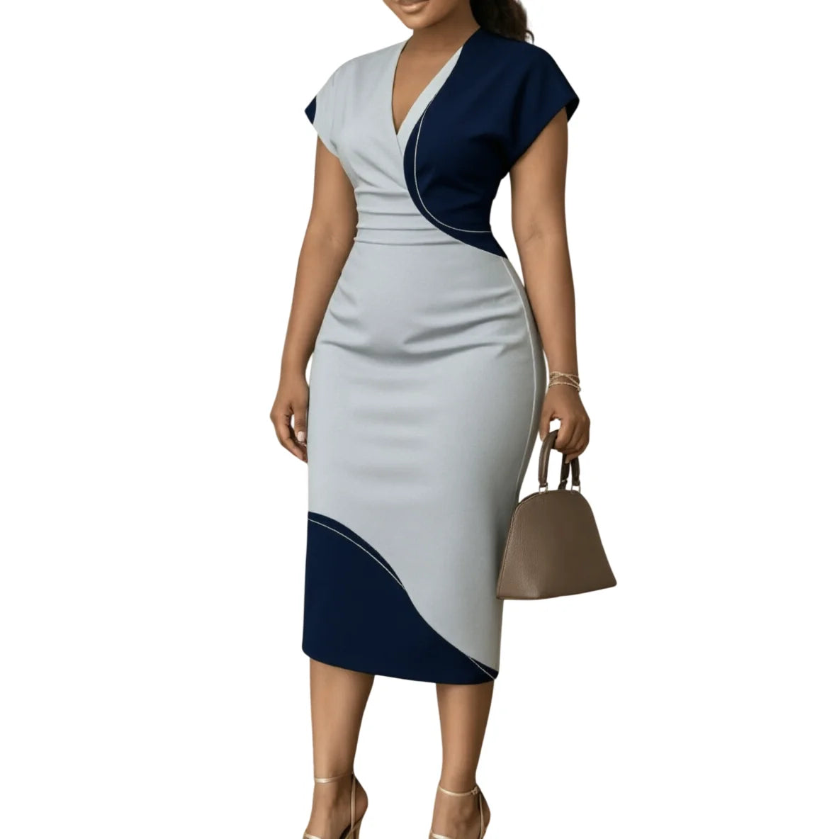 Midi Pencil Dress – Colorblock Bodycon Silhouette – Polyester | KIMLUD