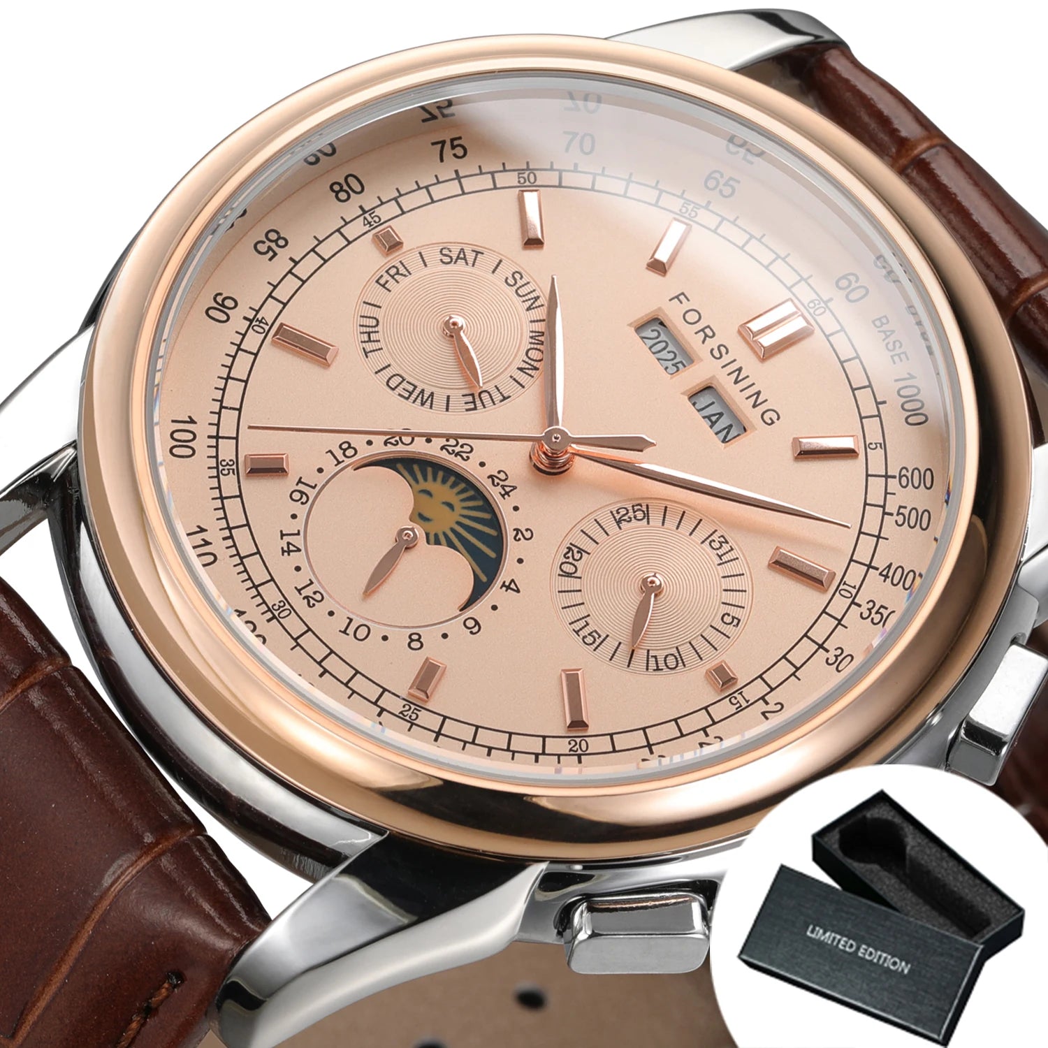 Leather Moon Phase Automatic Watch — Rose Gold | KIMLUD