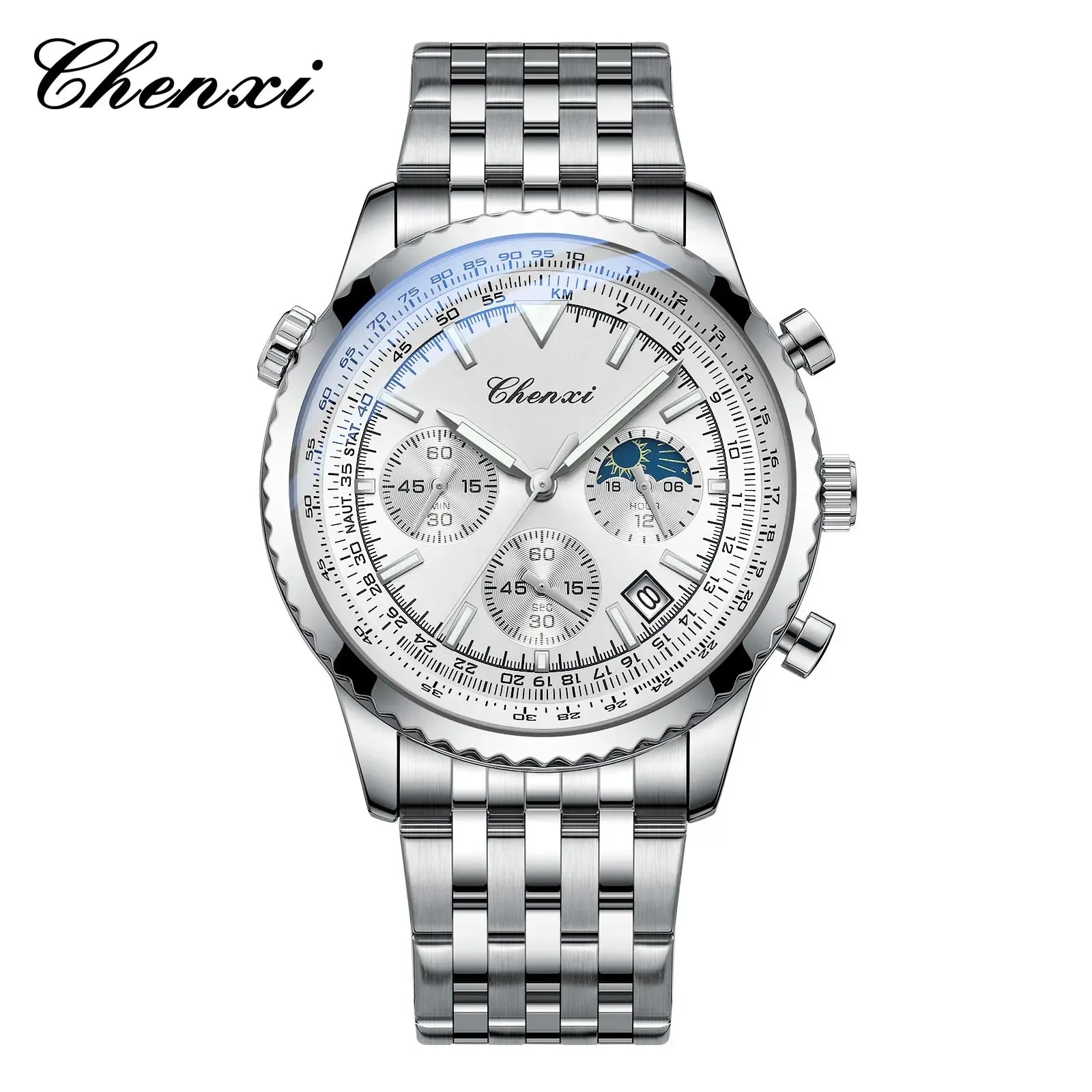 Luxury StopWatch Moon Phase Waterproof Male Clock Luminous Date Stainless Steel Square Quartz Men Watch reloj hombre