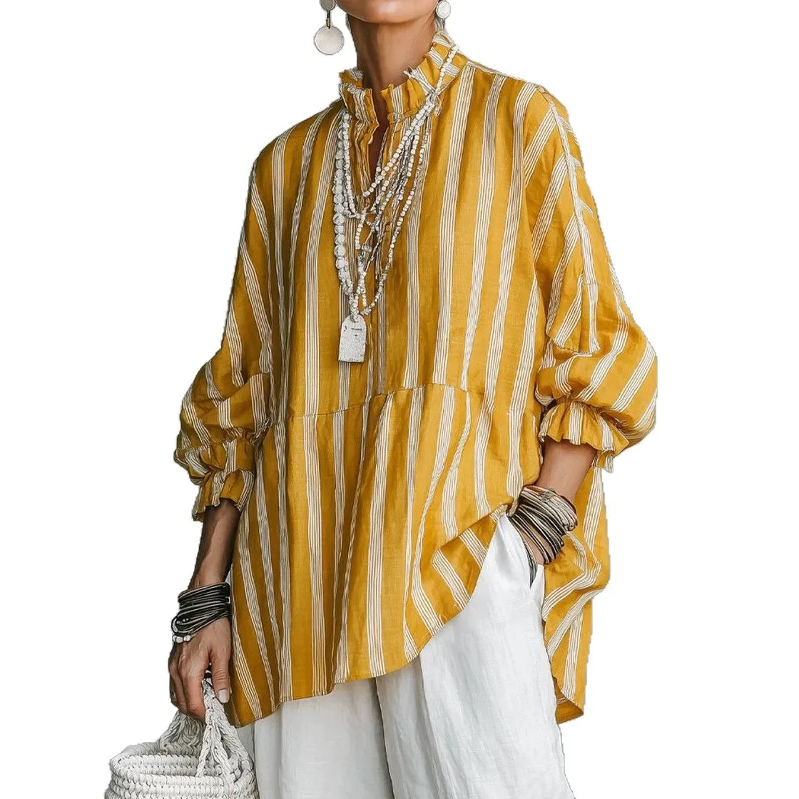 Blouse – Stripes Print – Loose Silhouette – Autumn Casual | KIMLUD