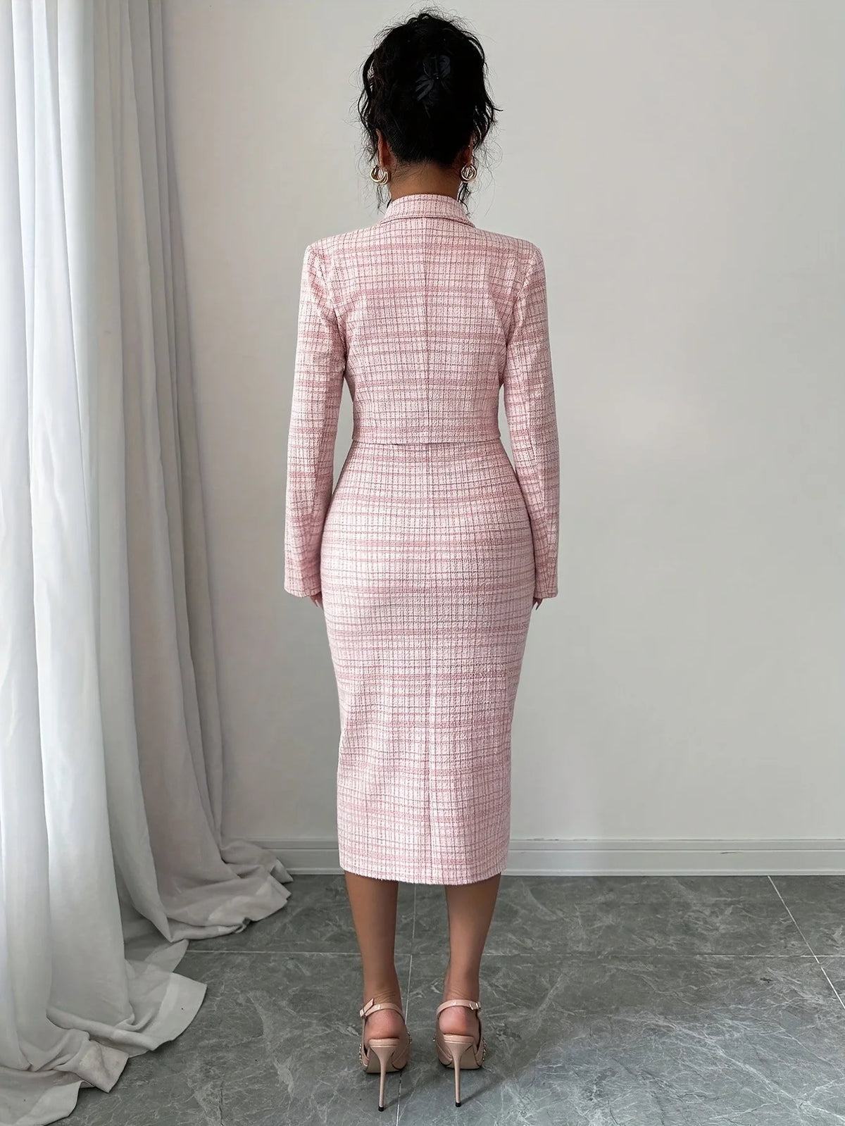 Two-Piece Dress Set – Reversible Collar – Knee-Length Polyester | KIMLUD