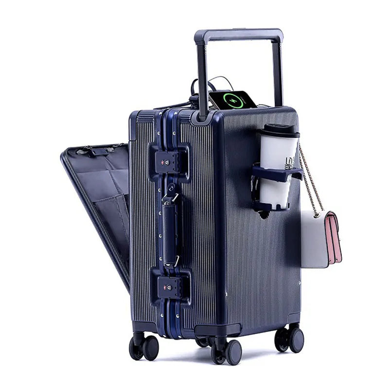 New Suitcase Wide Handle Front Opening Luggage with USB Cup Holder 20/26 Inch Suitcase Trip Cabin Carry-on Password Trolley Case