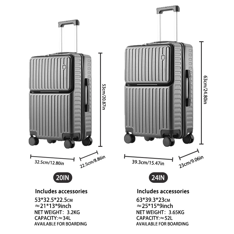Independent Front Open Luggage Multi-functional Suitcase ABS+PC Cup Holder And Hidden Phone Stand Smooth Universal Wheel 20" 24"