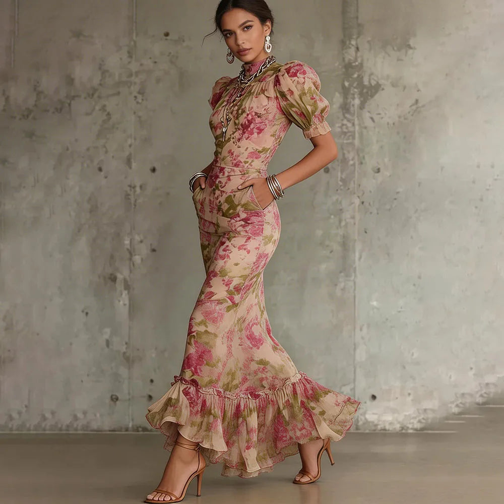 A-Line Floral Polyester Dress Maxi — Beige | KIMLUD