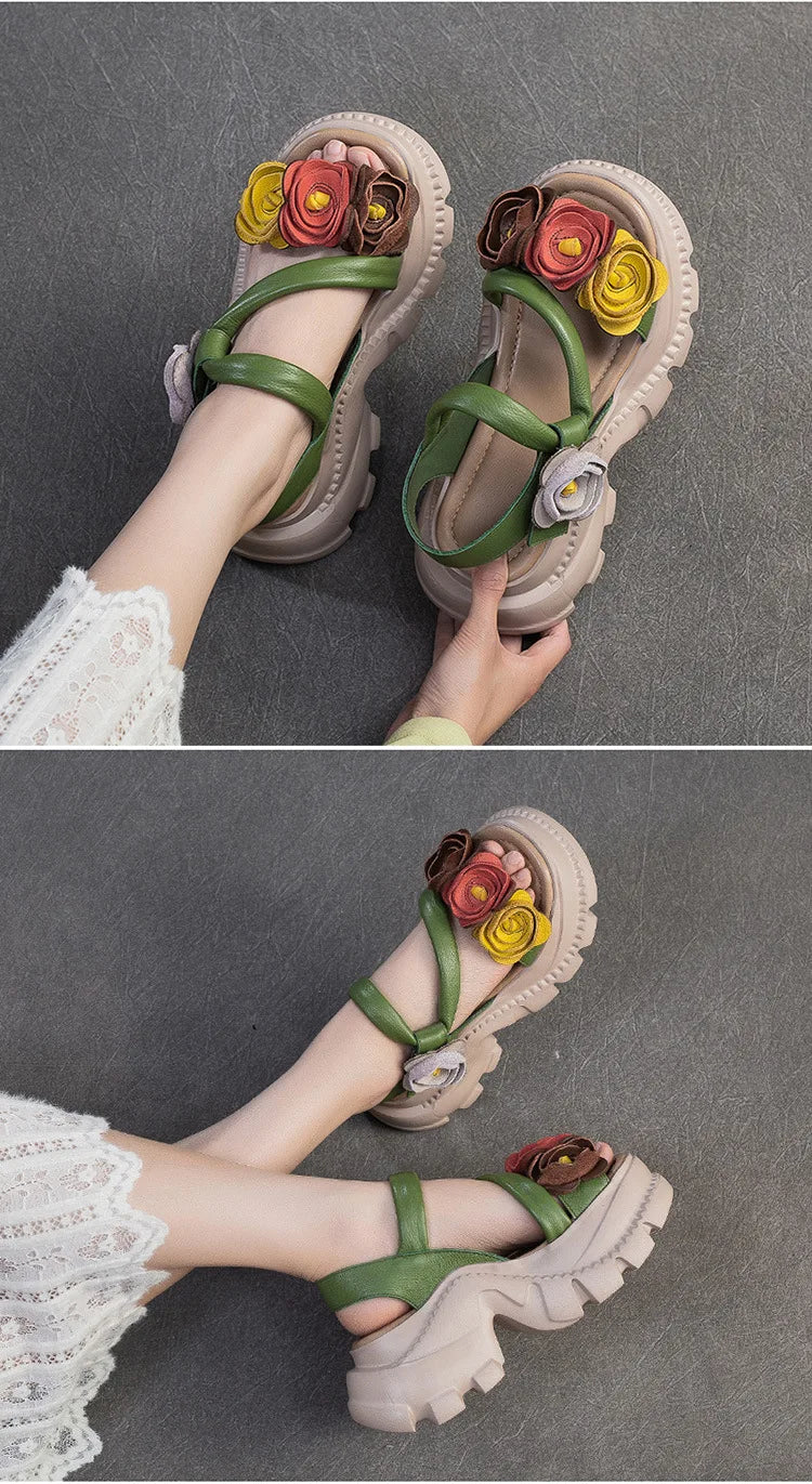 Koznoy 7cm Cow Genuine Leather Platform Wedge Women Summer Flower Slippers Pumps Hook Hollow Mary Jane Sandals Shoes Flats