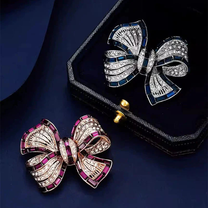 Crystal Bowknot Brooch With Rhinestone Accent — Blue | KIMLUD