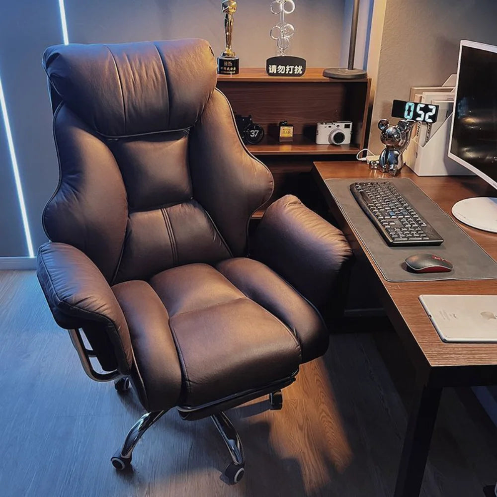 PU Leather Office Chair Reclining With Footrest — Espresso Brown | KIMLUD