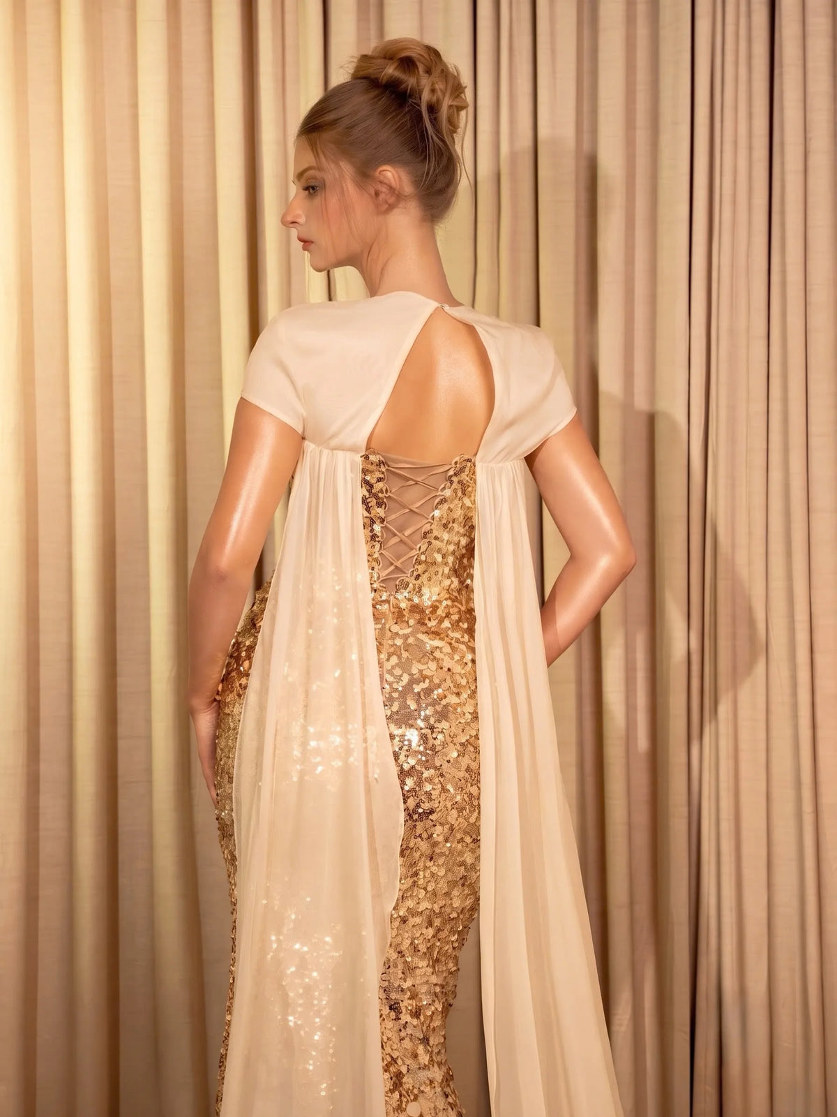Evening Dress – Sequin Cape Sleeve – Bodycon Silhouette – Gold | KIMLUD