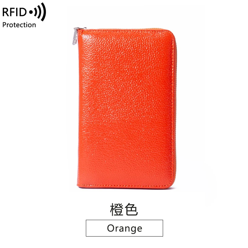RFID Anti-Theft Cowhide Leather Wallet — Long Passbook Card Slots Black | KIMLUD