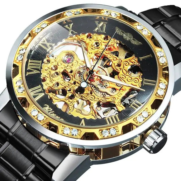 Winner Casual Mechanical Watches For Men Golden Roman Fashion Stainless Steel Belt Mesh Strap Wristwatch Clock Relogio Masculino