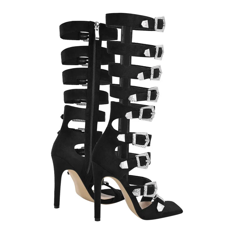 PU Gladiator Buckle Strappy Sandals Round Toe Stiletto 11 cm Heels — Black | KIMLUD