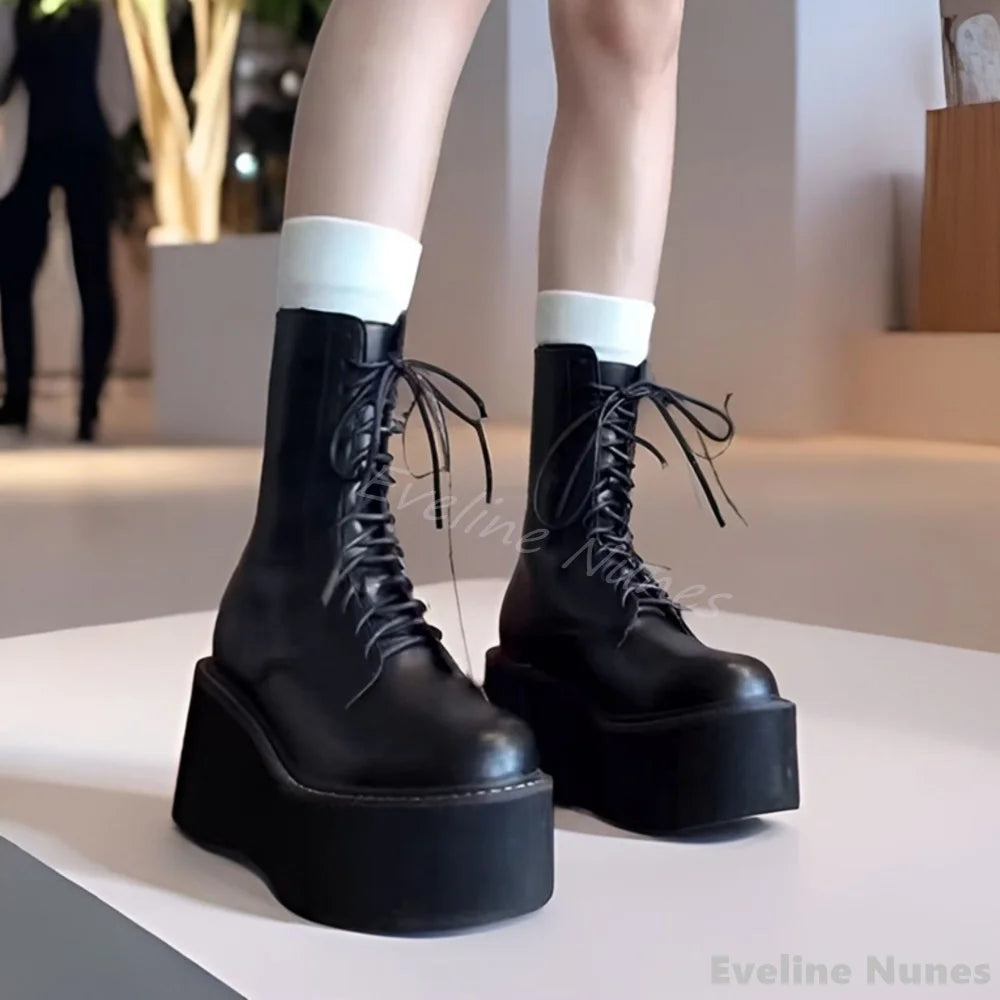 Retro Distressed Motorcycle Boots Women Round Toe Platform Back Zipper Cross Tied Casual Mid Calf Boots Street Style Hottie Boot