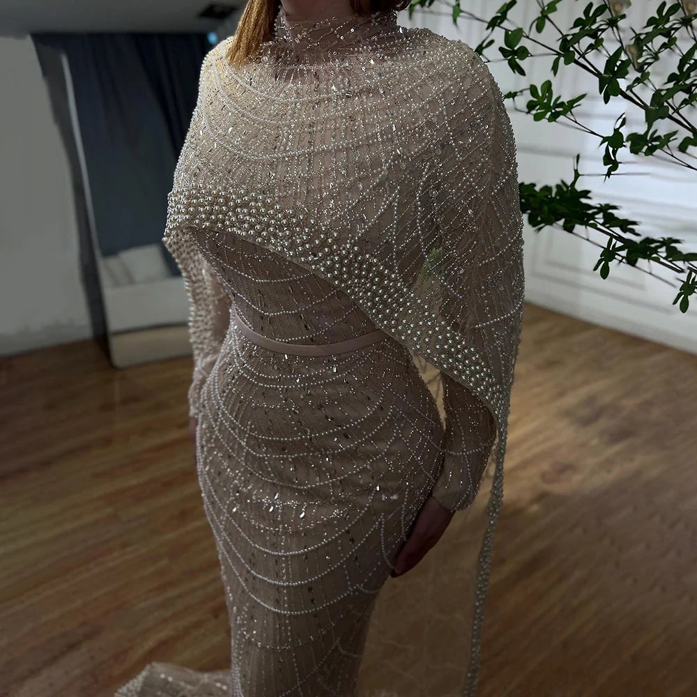 Beaded Gown With Mermaid Cape — Dubai Nude | KIMLUD