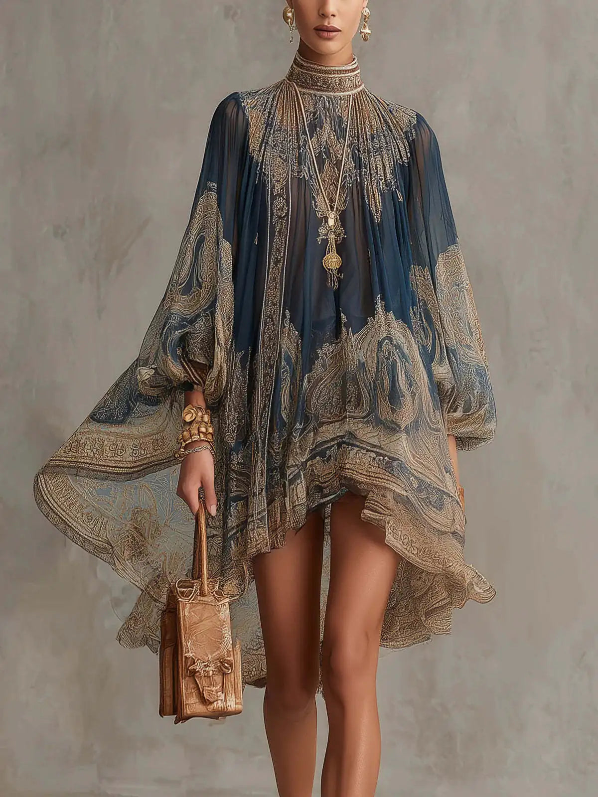 Elegant Chiffon Floral Maxi Dress — Navy Blue | KIMLUD