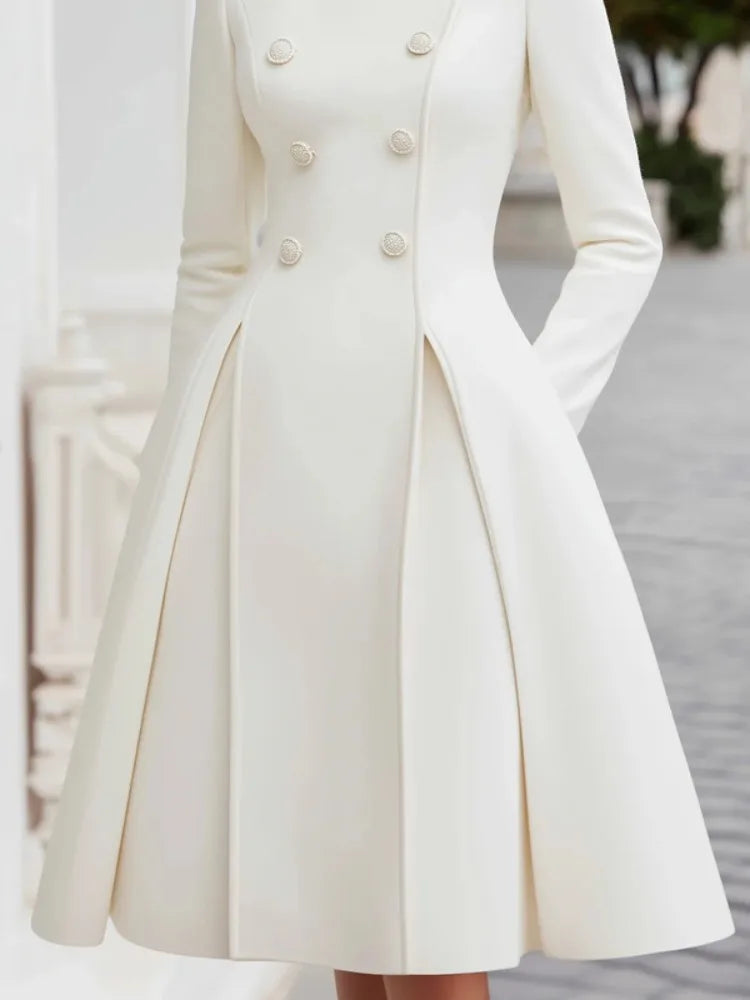 Double Breasted Stand Collar Overcoat Dress – Polyester Midi | KIMLUD