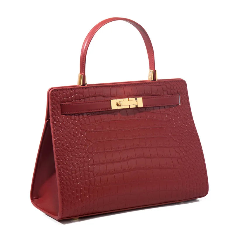 PU Leather Crocodile Satchel Bag — Burgundy | KIMLUD
