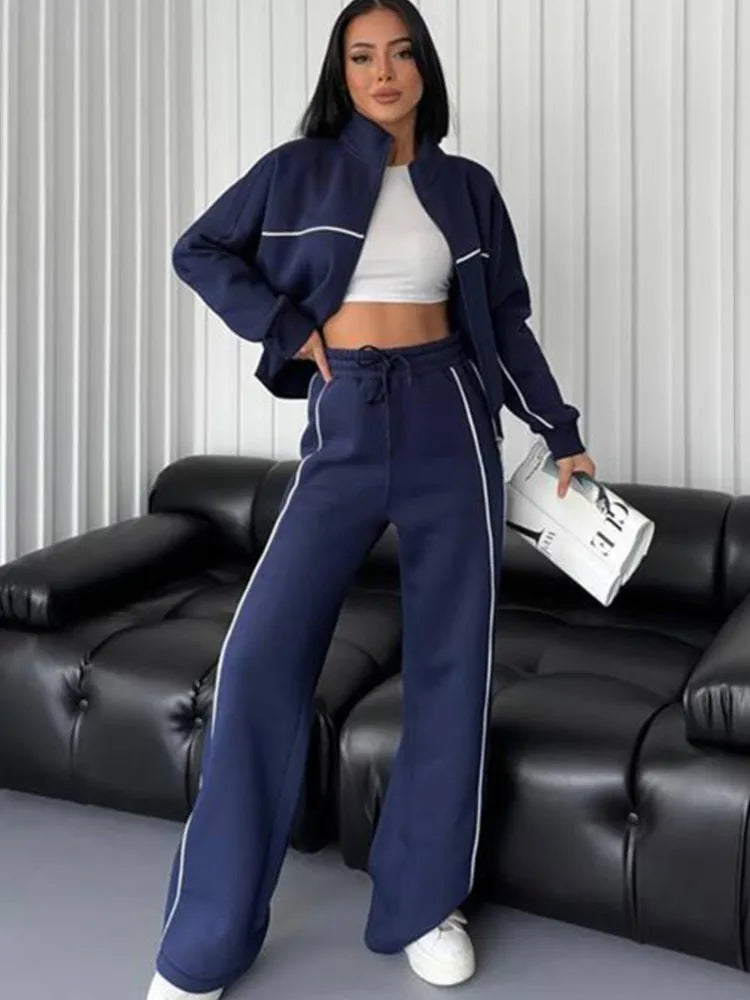 Polyester Two-Piece Set Zipper Coat With Wide-Leg Pants — Charcoal Gray | KIMLUD
