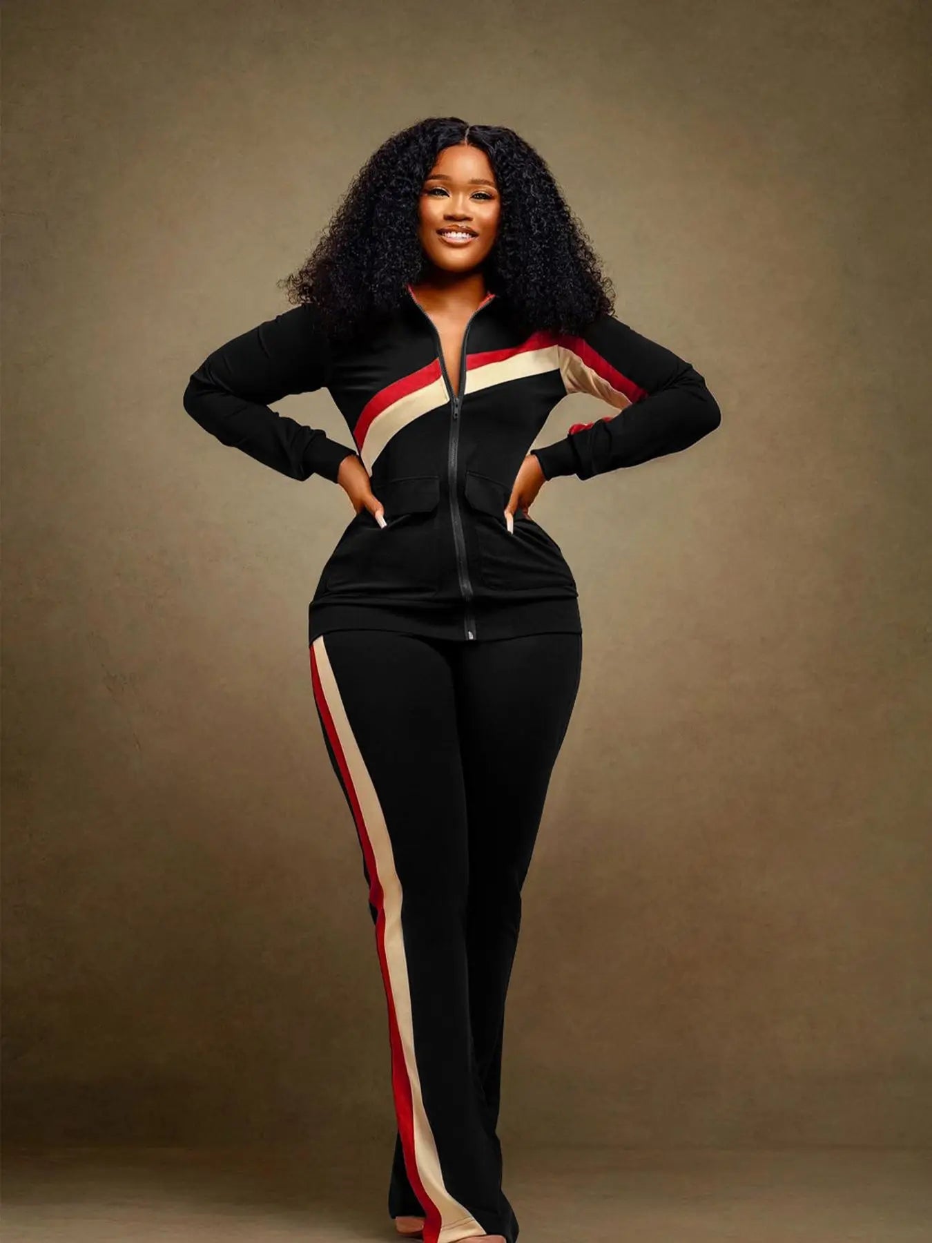 Casual Spor Women's Faion Set TW52 Long Sve Polyester Pants Striped Patchwork Independent Station Cross-Border