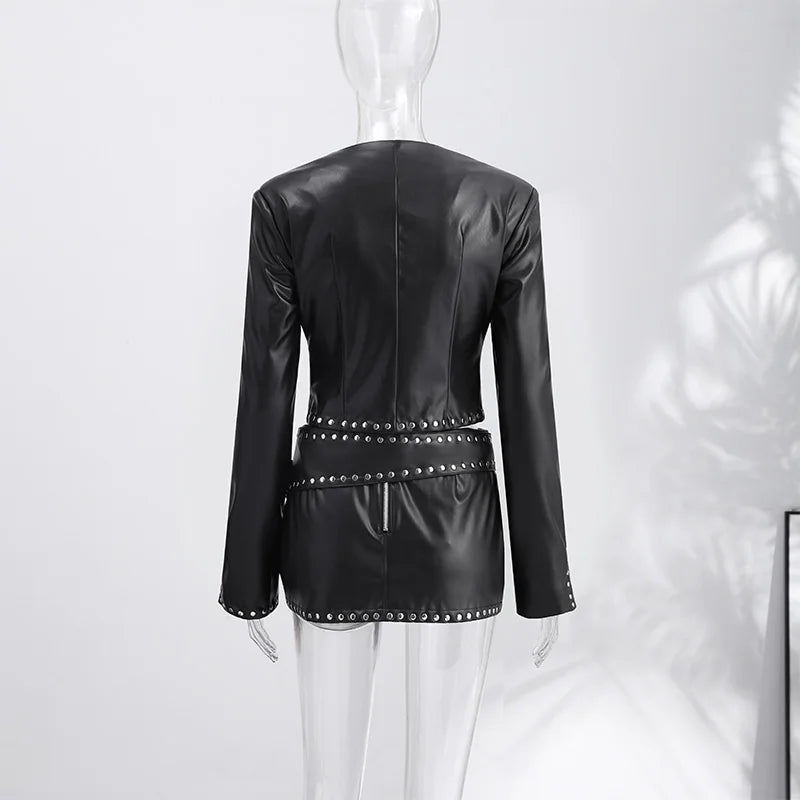 Jacket Skirt Set - Studded Trim - Cropped Zip-Up - Women | KIMLUD