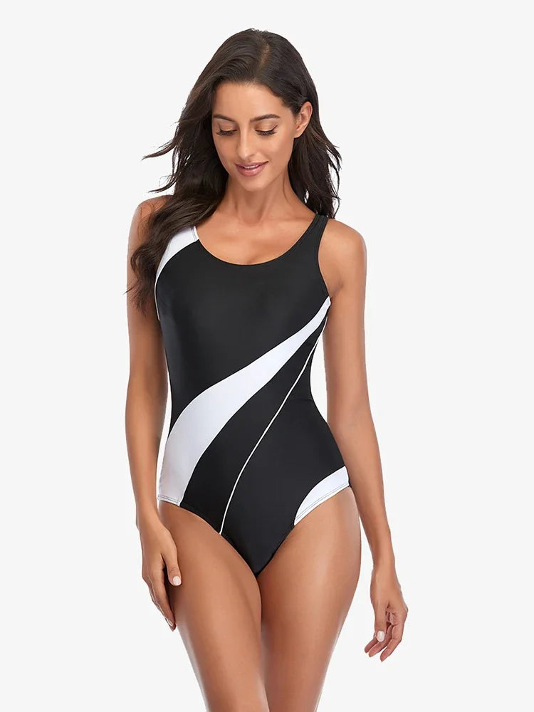 Racerback One-Piece Swimsuit With Azure Panels — Navy | KIMLUD