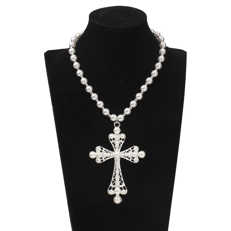 KIMLUD, Exquisite and exaggerated punk necklace with a cross inspired pearl pendant, suitable for women's wedding parties, KIMLUD Womens Clothes