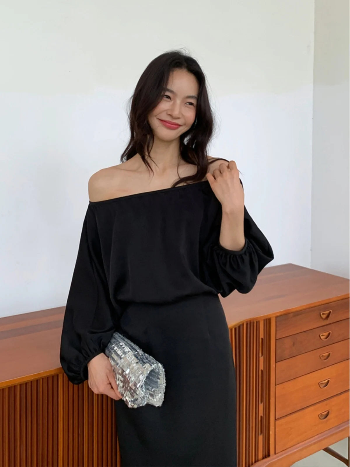 ALONE SAVOR Dragon Joy Summer Slimming Women's Dr oulder Bared Bubble Sve  ort Sve Polyester Fiber
