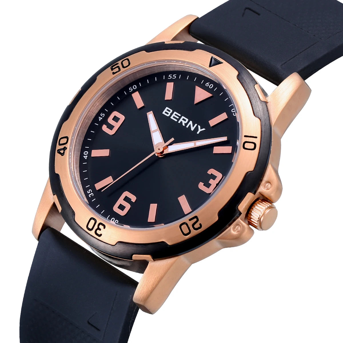BERNY Watches for Men Luminous Casual Sport Quartz Men's Watch Waterproof Wristwatch Soft silicone Strap Brass Case Easy Read