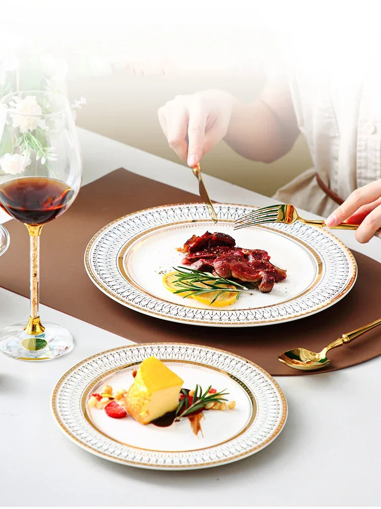 Ceramic European Style Dessert Plate With Gold Rim And Subtle Depth — White | KIMLUD