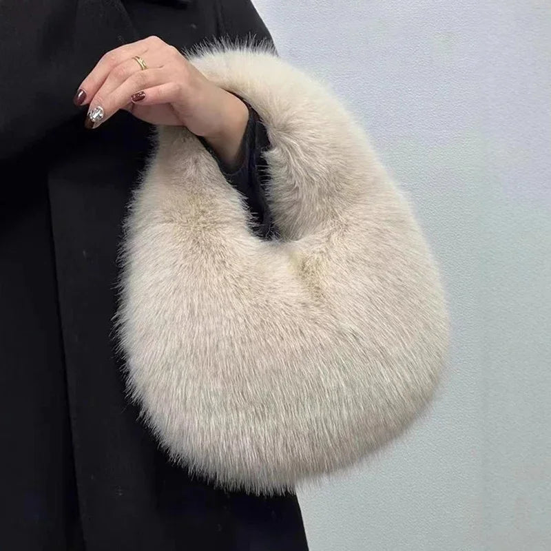Fashion Soft Plush Half Moon Bags for Women Designer Fluffy Faux Fur Lady Handbags Luxury Small Tote Female Winter Purses