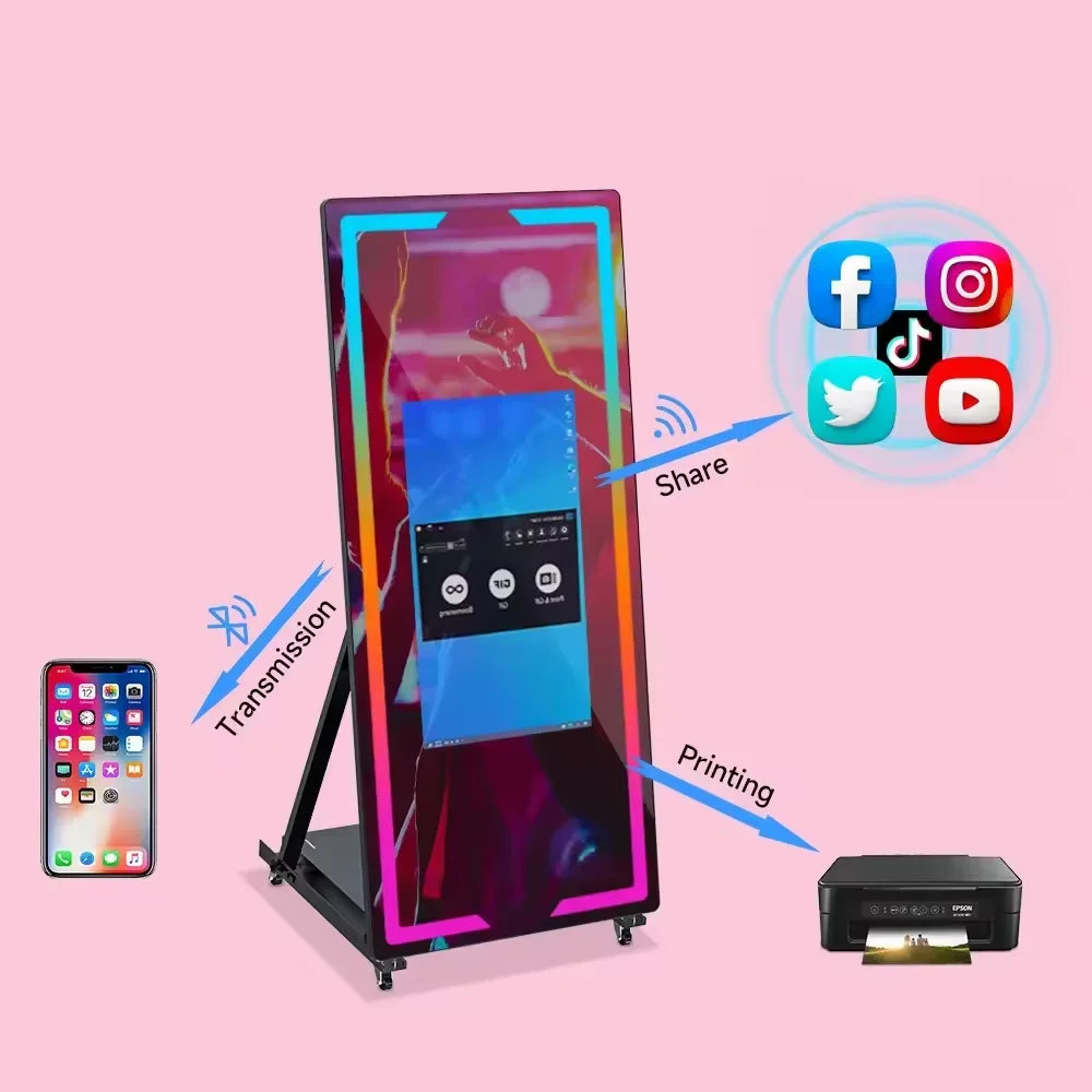 Crystal-Silver Mirror Photo Booth With Printer And Camera — Silver | KIMLUD