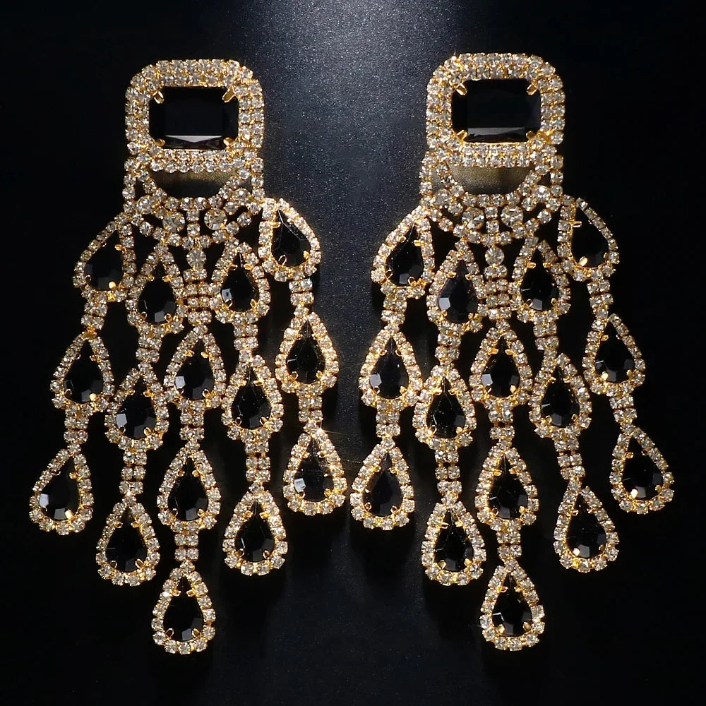 Crystal Tassel Earrings Water Drop Dangle — Black | KIMLUD