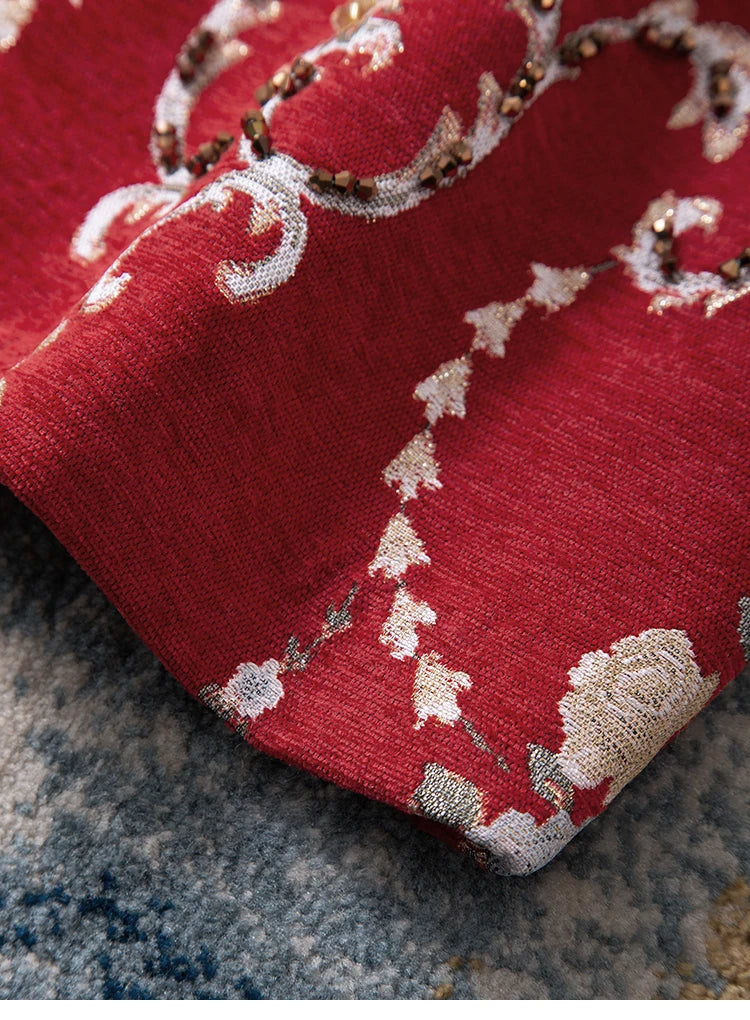 Embroidered Beaded Coat – Floral Longline – Red | KIMLUD