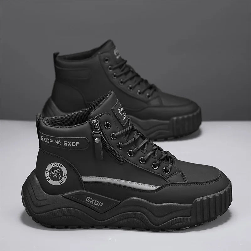Men's High Top Leather Sneakers Thick Soled for Height Increase Slip Resistant and Wear Resistant Versatile Casual Sports Shoes